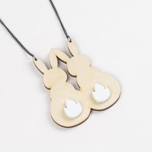 bunny necklace, bunnies necklace, animal jewelery, wooden rabbit, garden friends, laser etched, wood and acrylic