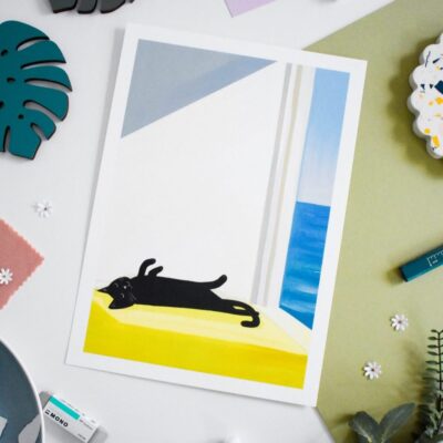 Cat Bathing By The Sea A4 Print