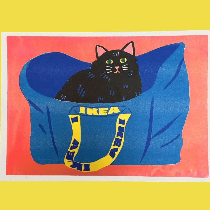 Black Cat In Ikea Bag A3 Print
