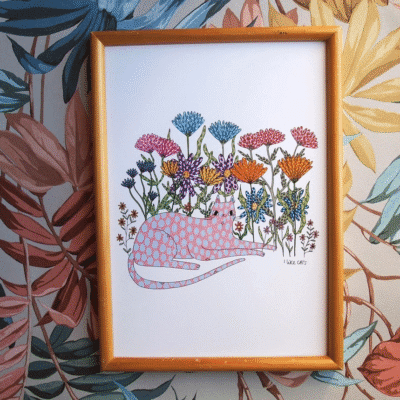 Spotty Cat And Flowers A4 Print