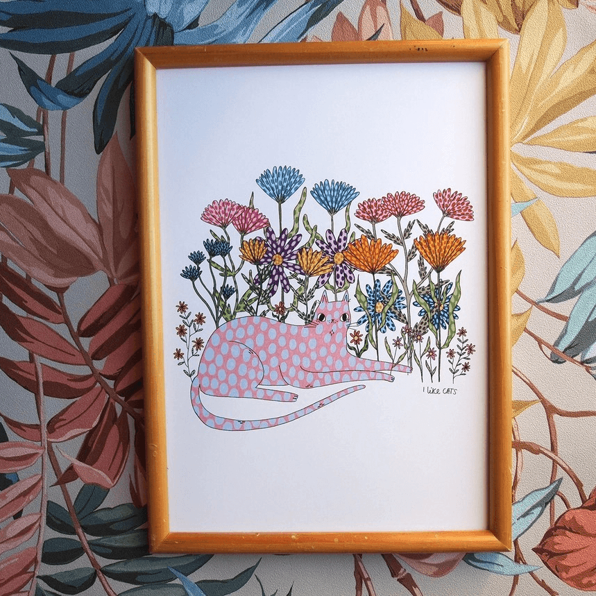 Spotty Cat And Flowers A4 Print