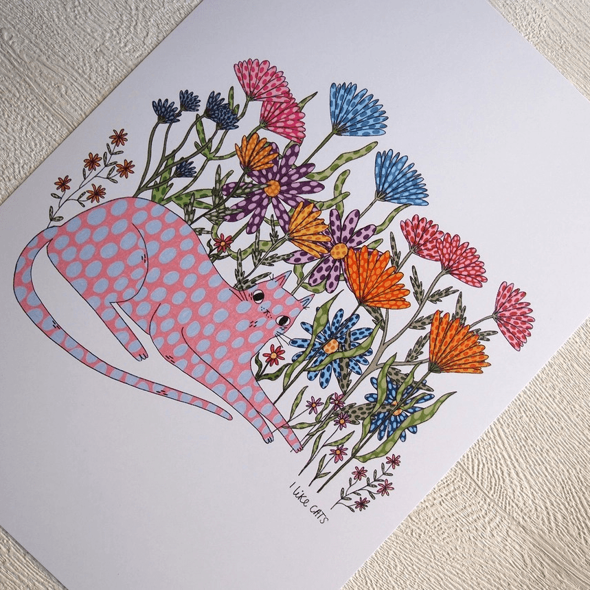 Spotty Cat And Flowers A4 Print - Image 2