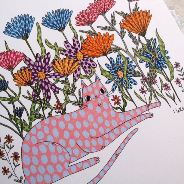 Spotty Cat And Flowers A4 Print - Image 3