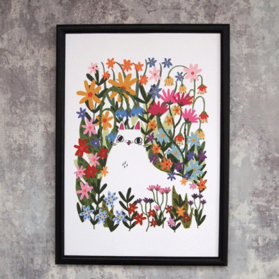 White Cat In Flowers A4 Print