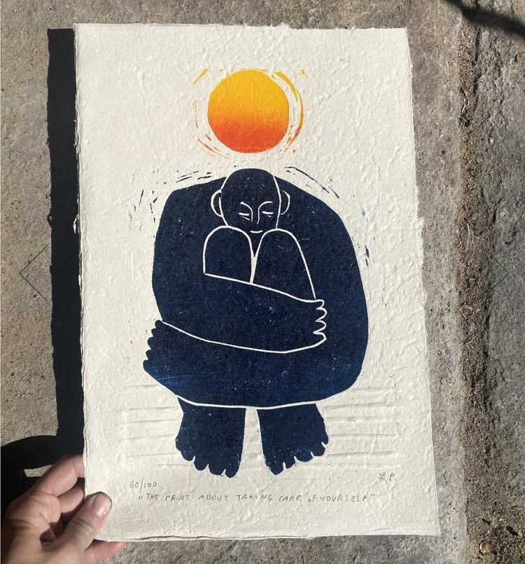 'The Print About Taking Care Of Yourself' Linocut Print
