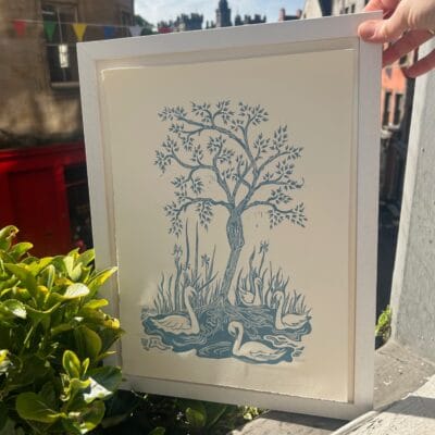 Swans and Hawthorn Tree Original Linocut