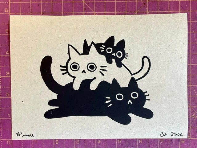 Cat Stack A5 Lino Print - Image 2