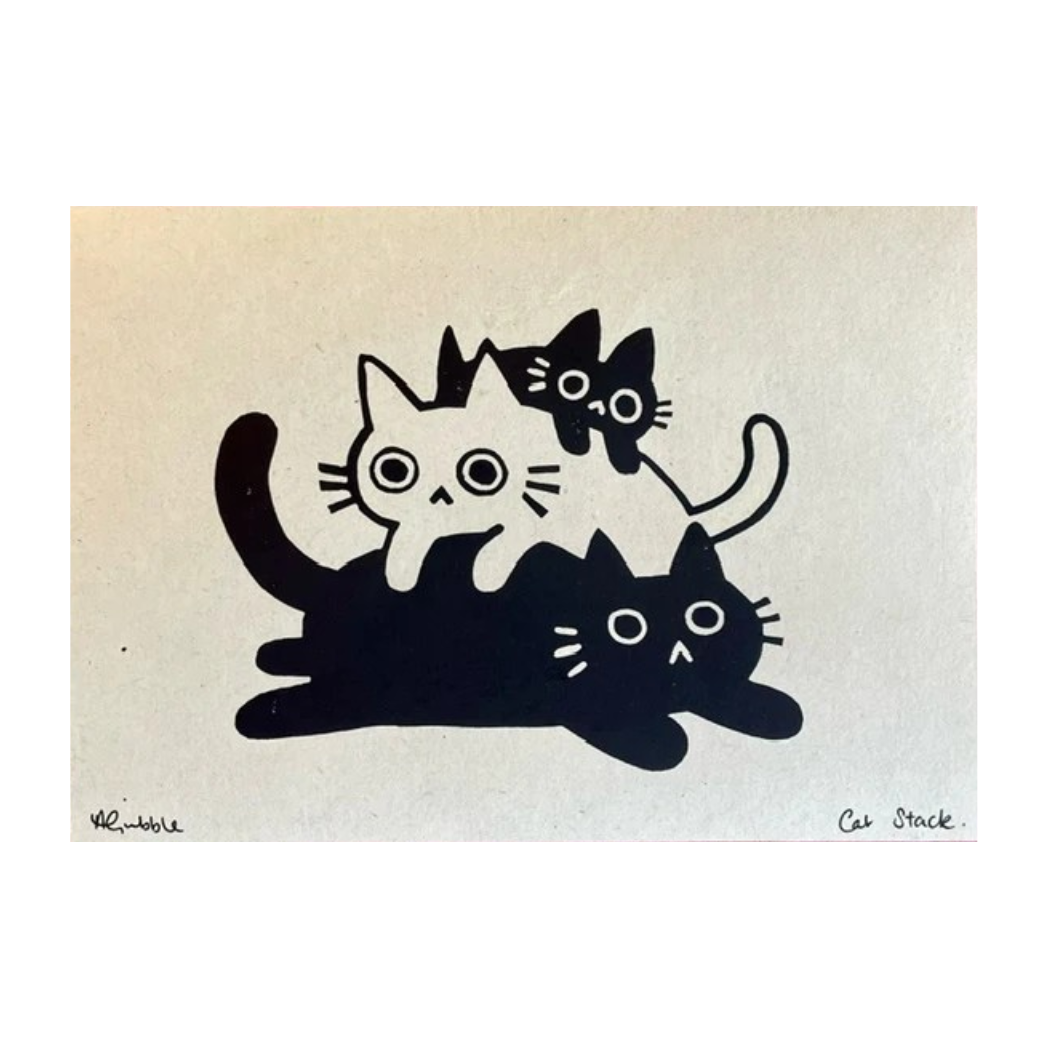 Cat Stack A5 Lino Print