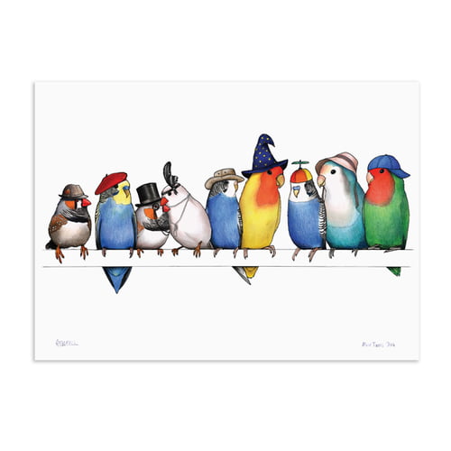 A Row of Little Birds by Birds in Hats at The Red Door Gallery
