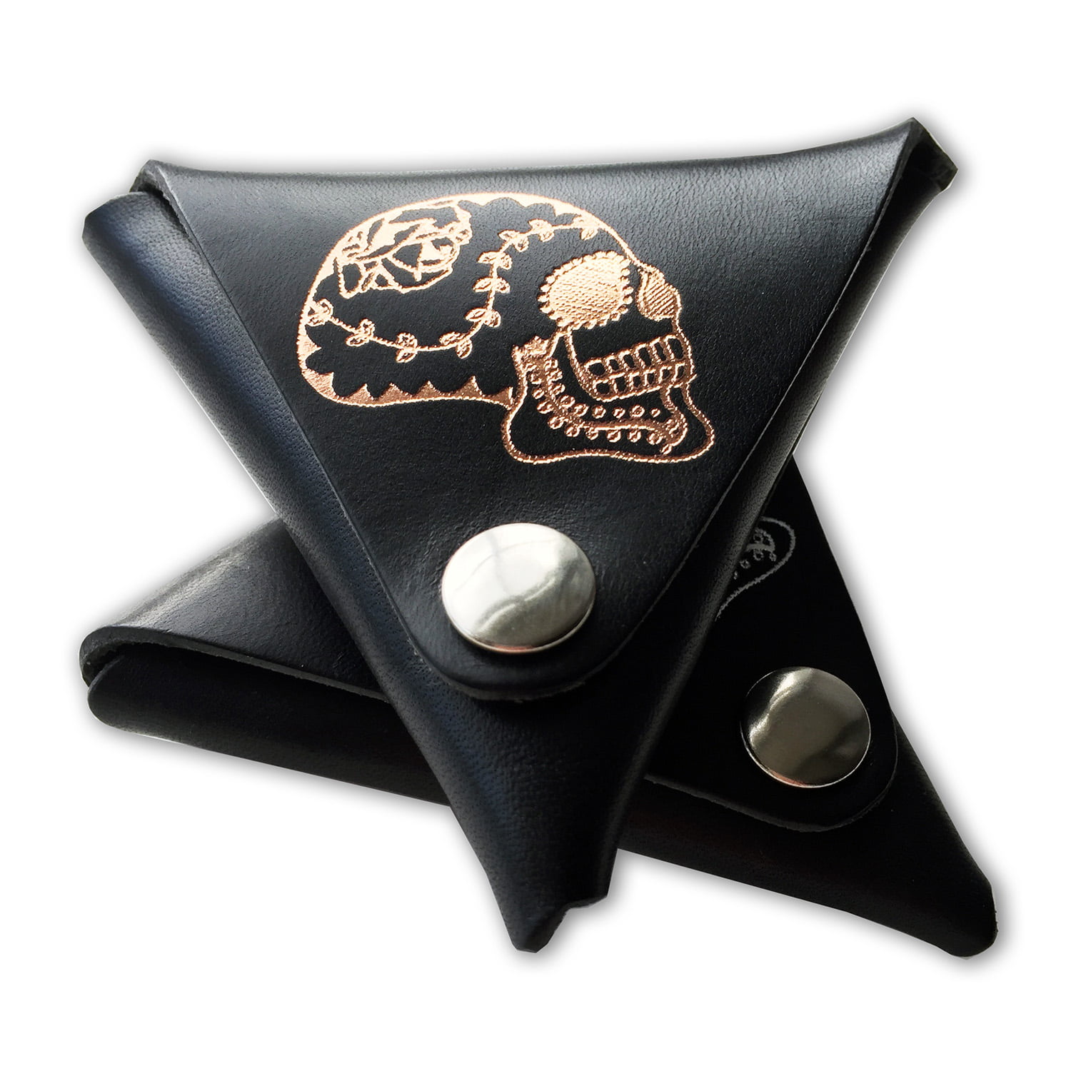 sugar skull, tri coin purse, leather, sodakitsch, foil embossed