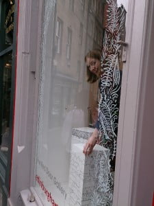 Susie Wright putting plinths in place