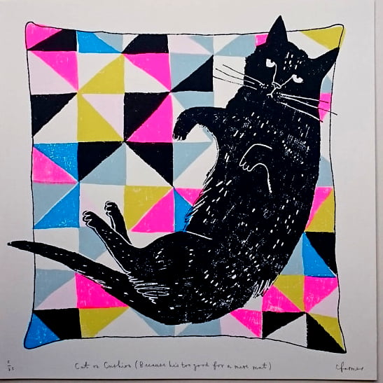 cat on cushion, cats, catitude, cushions, screen print, charlotte farmer