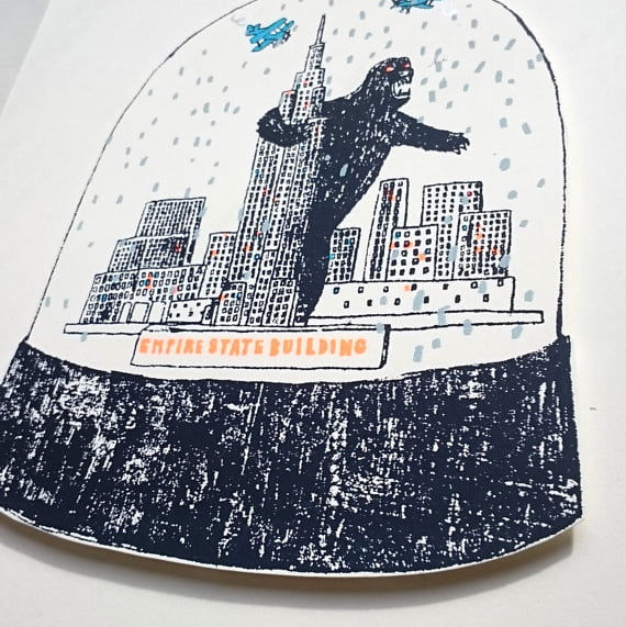 king kong, new york, empire state building, snow globe, screen print, charlotte farmer