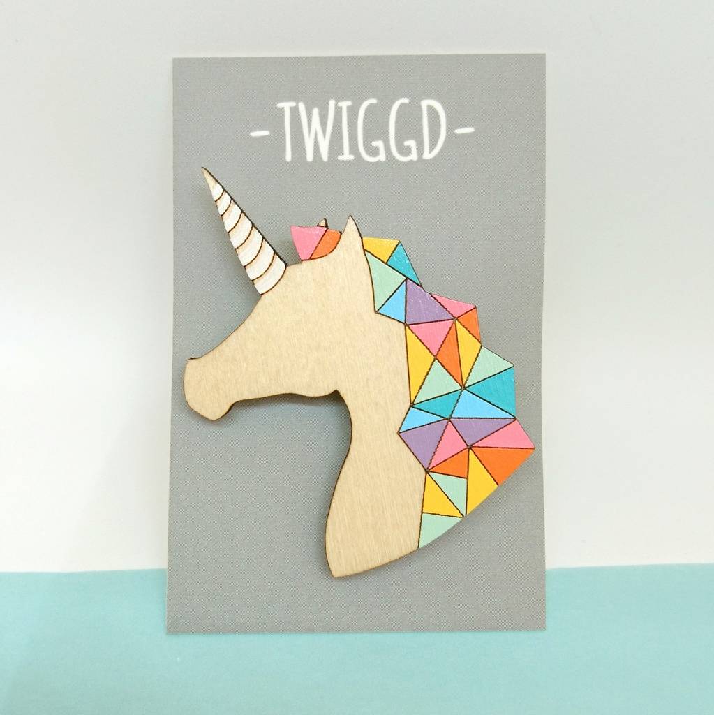 original wooden unicorn brooch with rainbow mane 1