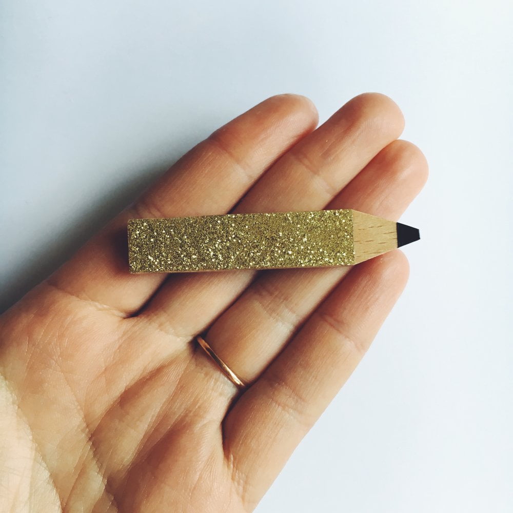 pencil brooch gold glitter