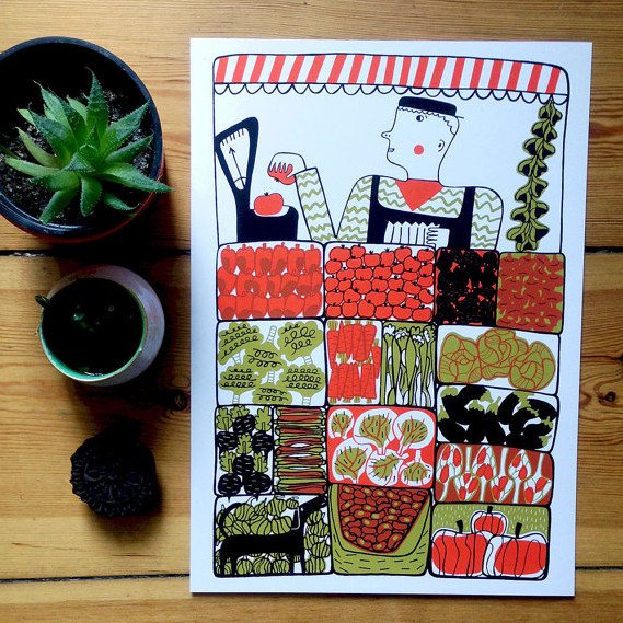 mina braun, screen print, vegetable stall, illustration, colourful